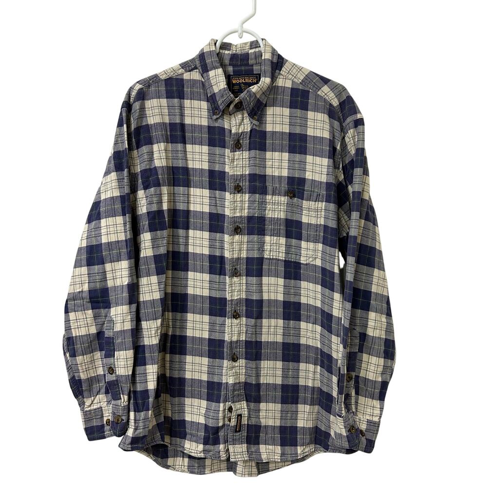 John Rich Woolrich & Bros Mens Sz Large Blue Flannel Plaid Long Sleeve Shirt